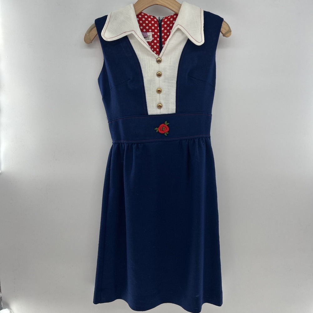 Rare Vintage Sz 8 Dress Americana Sailor Collar Polka Dot Interior Gold Buttons